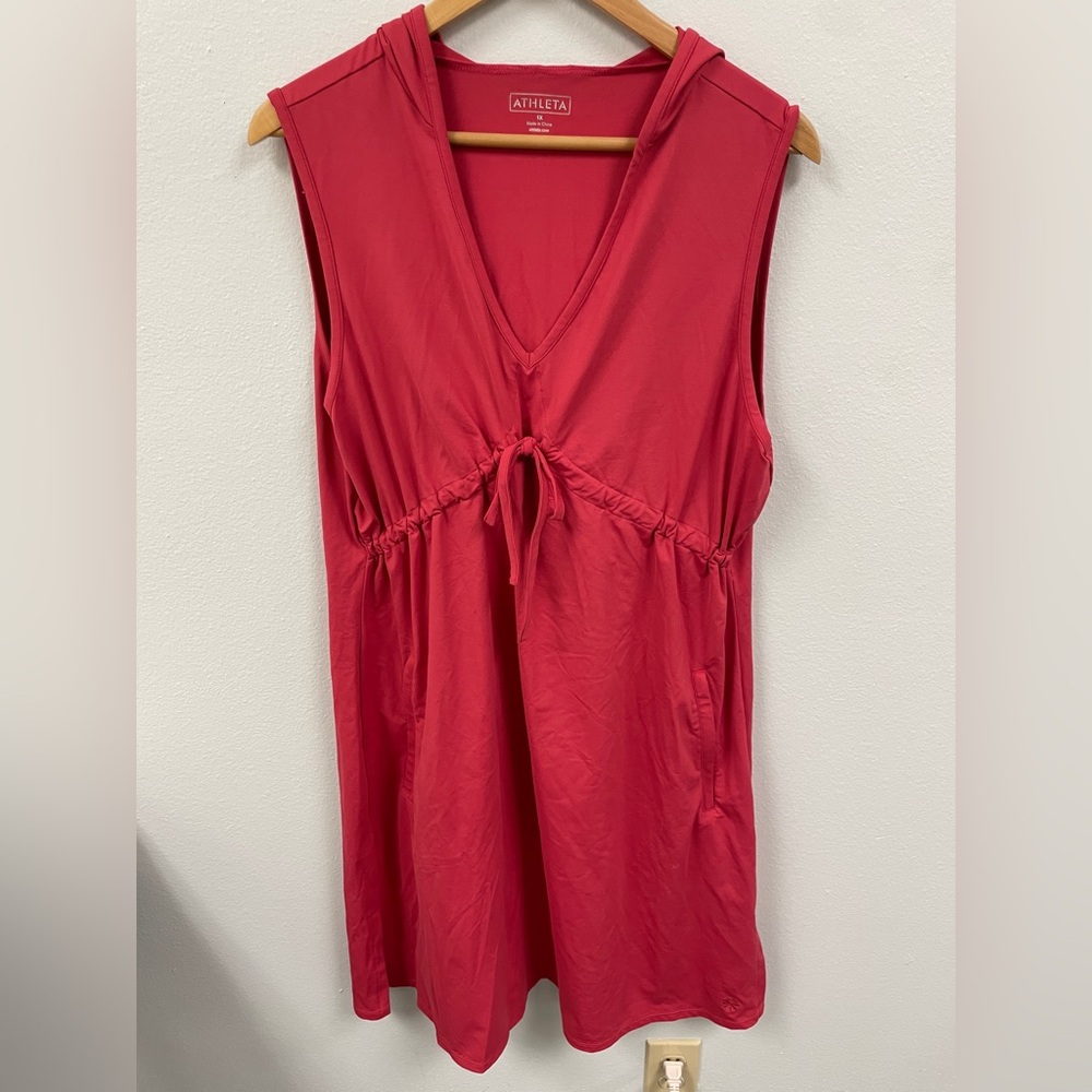 Athleta Fuchsia Coral Sleeveless Dress with hood.